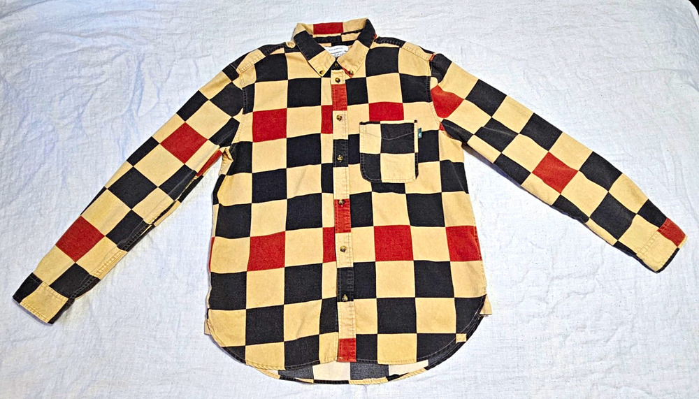 Urban Outfitters Mens Flannel Shirt Long Sleeve Checkerboard Red Black Beige LG
